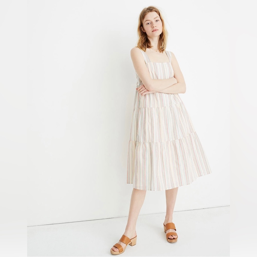 Madewell Button-Back Tiered Dress in Textural Rainbow Stripe L8505